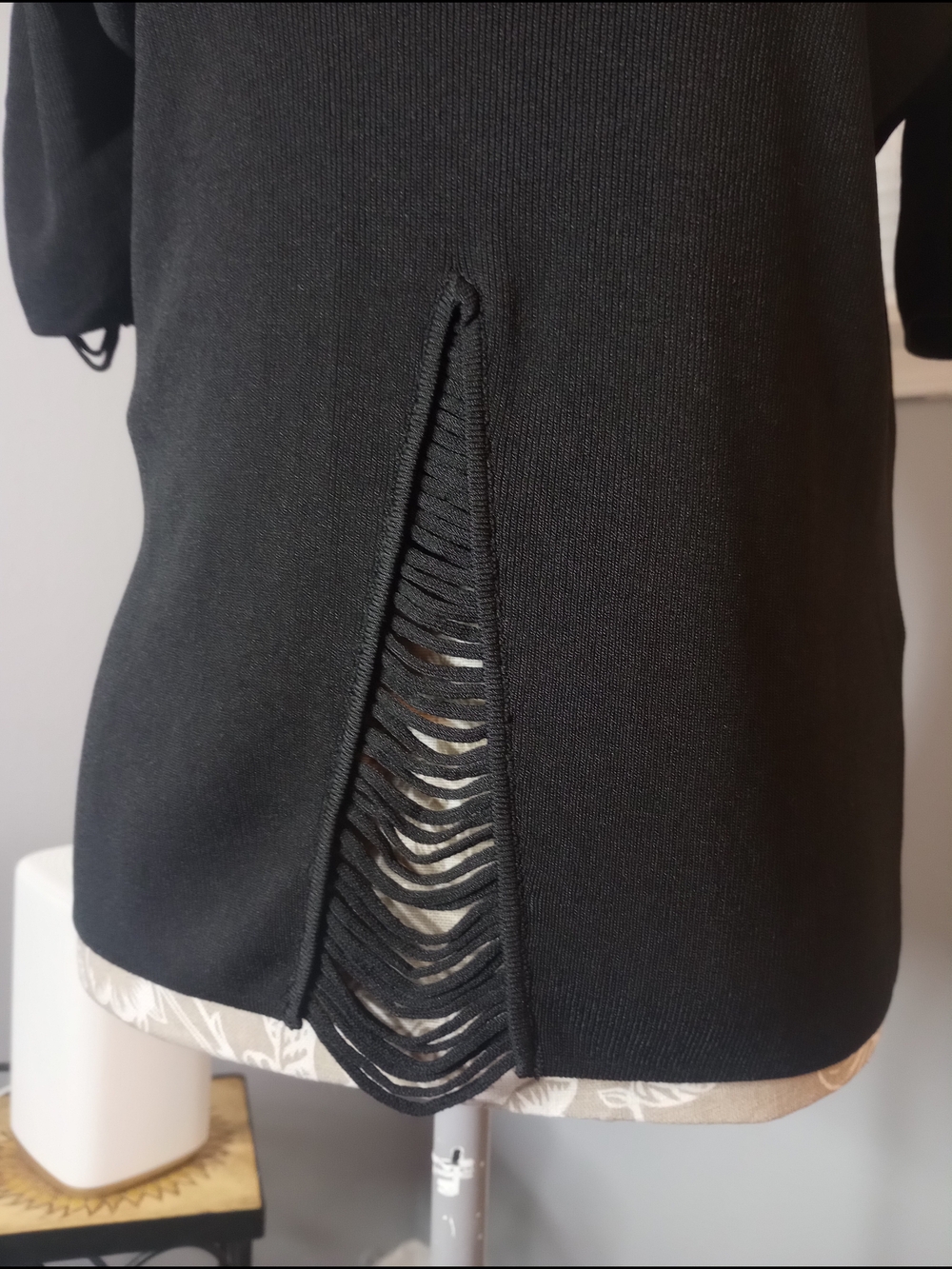 Black V-Neck Knit Top with Front And Sleeves Cutout Detail Size L To XL